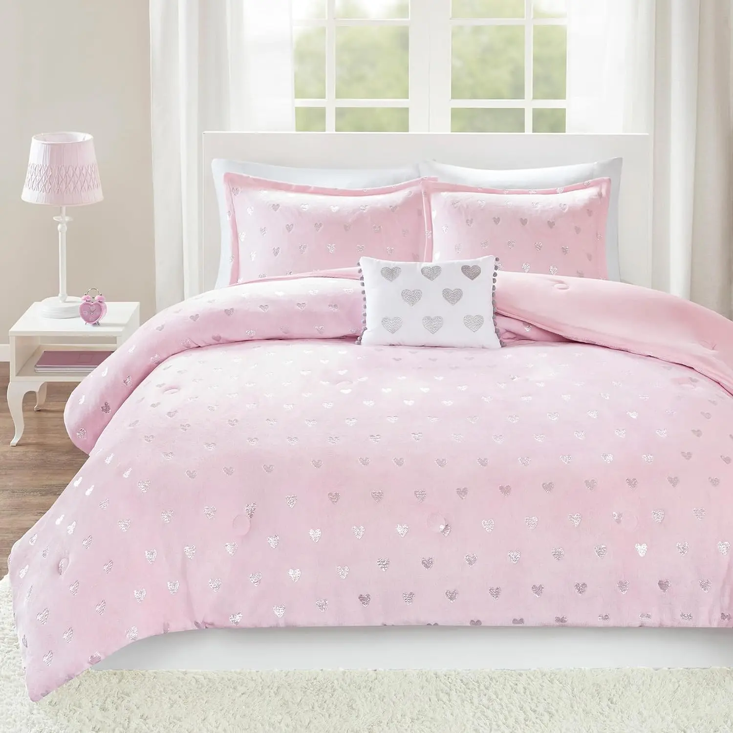 Mi Zone Rosalie Comforter Set for Girls, Ultra-Soft Microlight Plush Metallic Printed Hearts Brushed Reverse Overfilled Down Alternative Hypoallergenic All Season , Full/Queen, 4 Piece, Bedding Sets, Bed Comforter Set