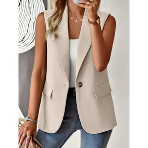 Button Front Lapel Vest, Elegant Solid Color Sleeveless Vest For Spring & Fall, Women's Clothing