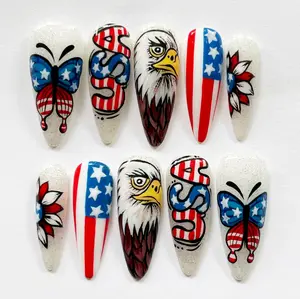 Luxury USA Eagle and Butterfly Press On Nails, Handmade Red, White, and Blue 4th of July Design Nails, Flag Nail For Women, NailArt, Holiday Nails Inspo