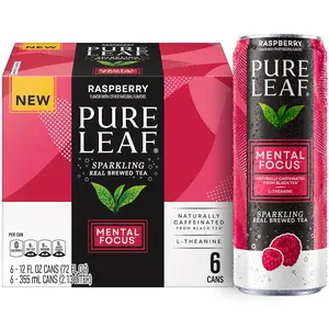 Pure Leaf Mental Focus Sparkling Real Brewed Iced Tea, Raspberry, 12 fl oz Cans (6 Pack), Caffeine, L Theanine, Zero Sugar, Zero Calories