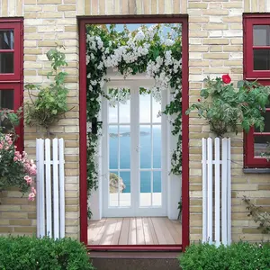 2 Mediterranean Style Decorative Simulation Door Sticker Sea View Balcony Wall Decal Self Adhesive Removable Living Room Bedroom Background Wall Sticker Waterproof Moisture Proof Eco Friendly PVC Material Home Wal