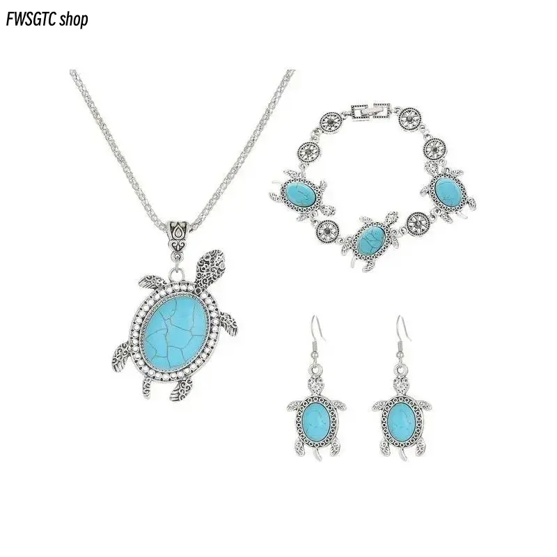 Women’s Vintage Boho Jewelry Set with turquoise stone turtle motif, including necklace, bracelet and dangle earrings. One-size unisex statement accessories for beach, festival wear and gifting with summer vibes.