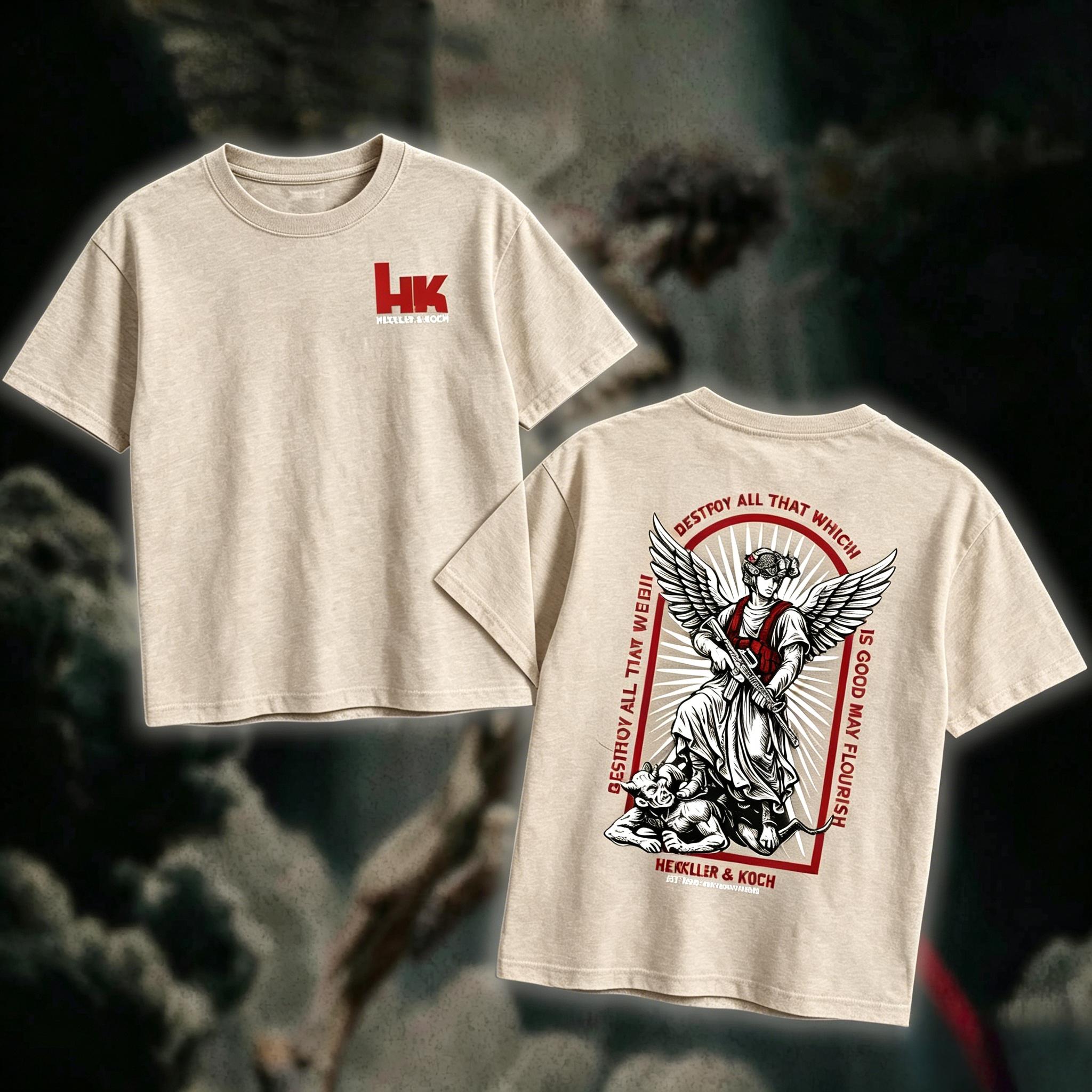DOMINIAN Heckler & Koch Saint Michael T-Shirt/Hoodie Casual 100% Cotton, Army Military Menswear, Gun Shirt Tactical Gear, Veteran Shirt, Good Graphic Shirt, Made In USA.,funny graphic tee, men’s trendy t-shirts, deals, humorous, 90s, streetwear,penny tees
