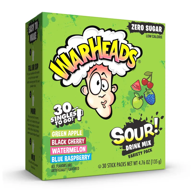 Warheads 30-Stick Sugar-Free Caffeine-Free Extreme Sour Raspberry & Watermelon Hydration Powder, Sour Punch Powdered Drink Mix, Flavor Packets for Water with Sweet Finish, Refreshing Drinks