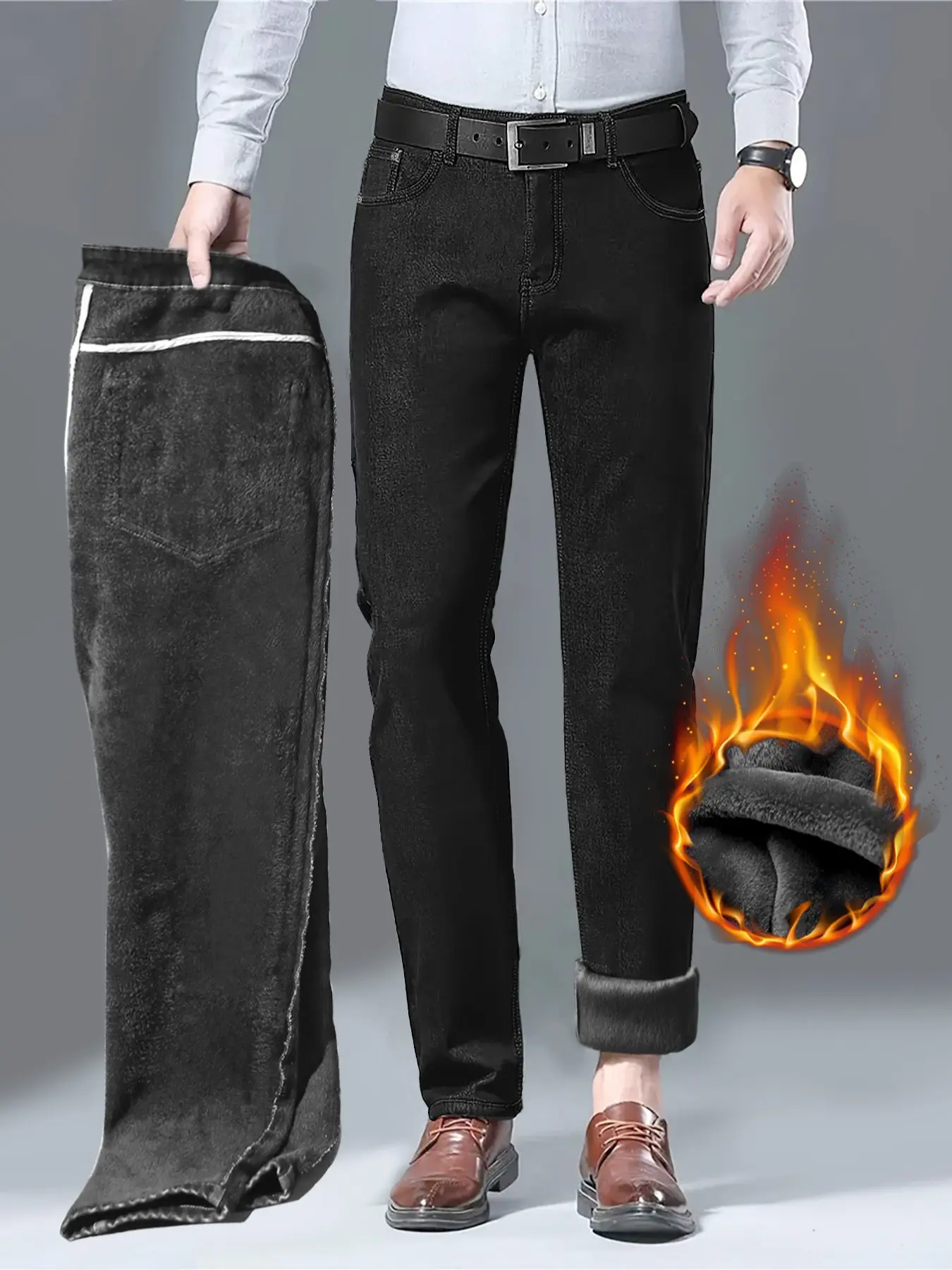 Men's Fitted Slim-Fit Winter Menswear Jeans, Thick Non-Shedding Fleece-Lined Stretch Denim Trousers, Height-Enhancing Casual Fashion Beige Bottoms