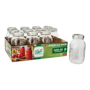 Wide Mouth Mason Jars Set with Opener, Ball 32 oz Quart Jars 12-Pack with Lids & Rings for Canning Tomatoes, Chutneys, Soup Stock & Broths