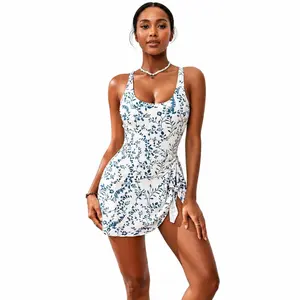 Women's Blue Floral Print One-Piece Swim Dress, U-Neck Tummy Control Modest Swimsuit with Side Tie Skirted Bathing Suit