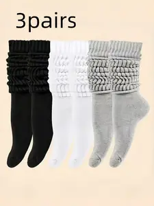 Women's Solid Color Knit Socks, Mid-Calf, Breathable, Warm, Long, Casual, Everyday, Sports, Cotton, Blue &, Soft Comfort, Fall Winter