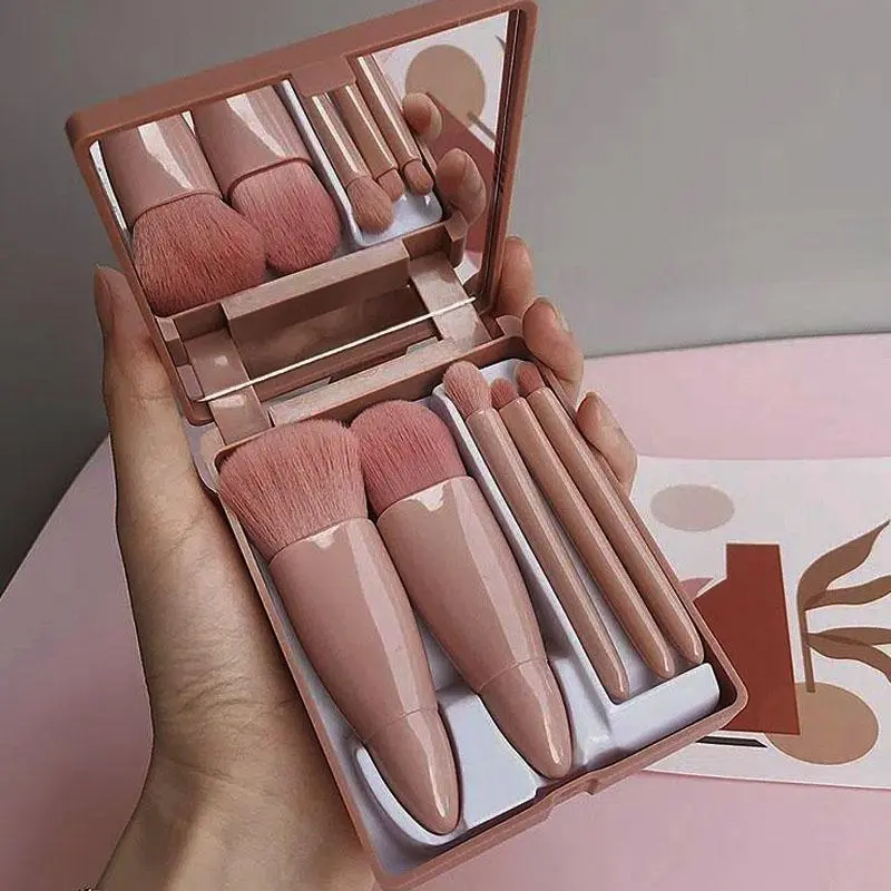 Portable Cosmetics Brushes Set with Mirror Case, Makeup Brush Kit, 5pcs/set Mini Makeup Brushes for Foundation, Powder, Concealers, Blush, Face Makeup Brush, Cosmetic Product for Home Travel Use, Beauty Travel Brush, Brush Combo