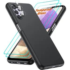 for Samsung A32 5G Case: Galaxy A32 5G Case with 2 Pack Tempered Glass Screen Protector & Camera Lens Protector, Liquid Silicone Soft Microfiber Liner Phone Case for Samsung Galaxy A32 5G, Black