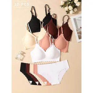5 sets of seamless, simple, elegant, solid-color women's underwear sets, with high elasticity and removable chest pads, suitable for layering