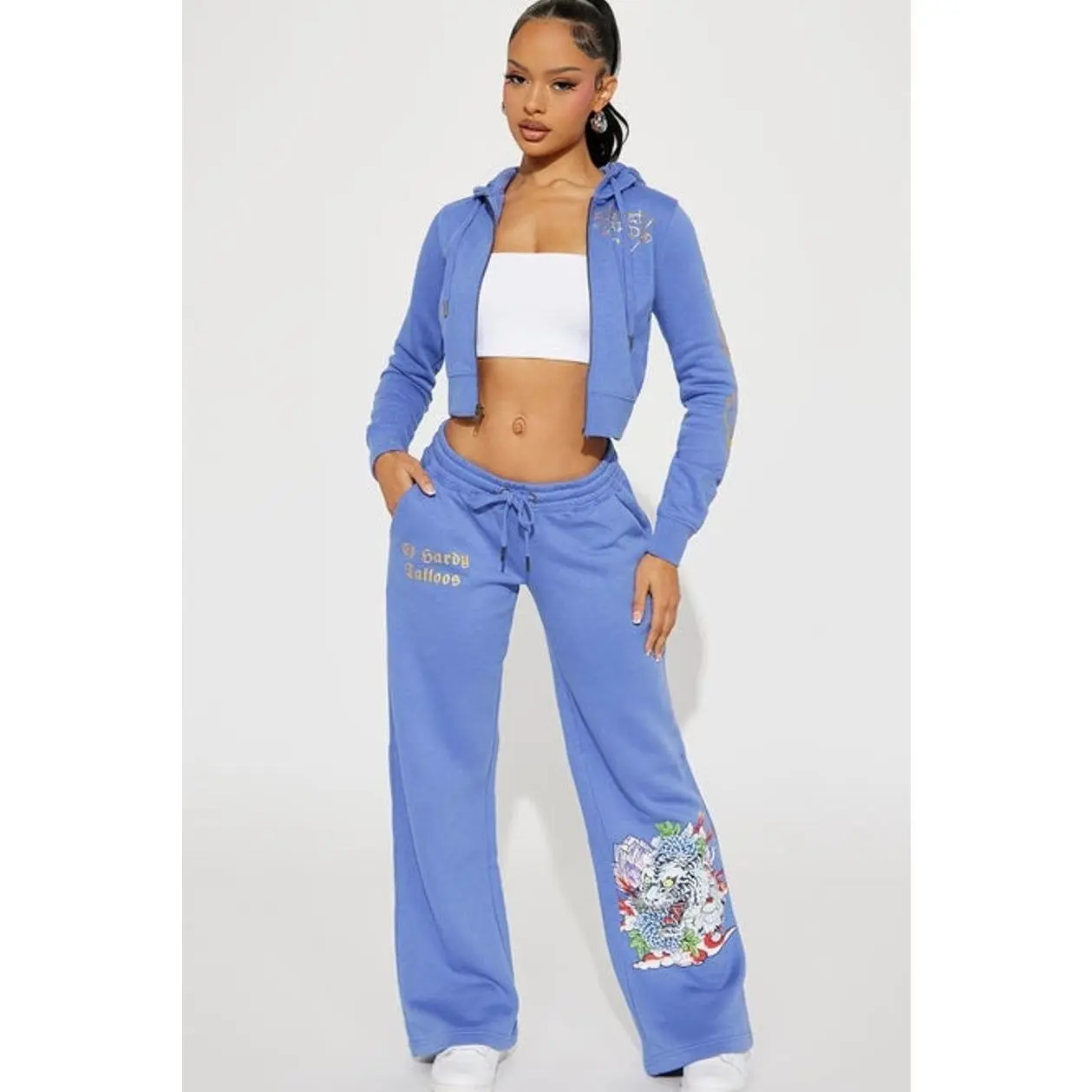 Women's Ed Hardy Lotus Love Wide Leg Graphic Pants - Blue X, Polyester, 2 Piece Sets, Clothes, Women's Clothes, Hoodie Garment