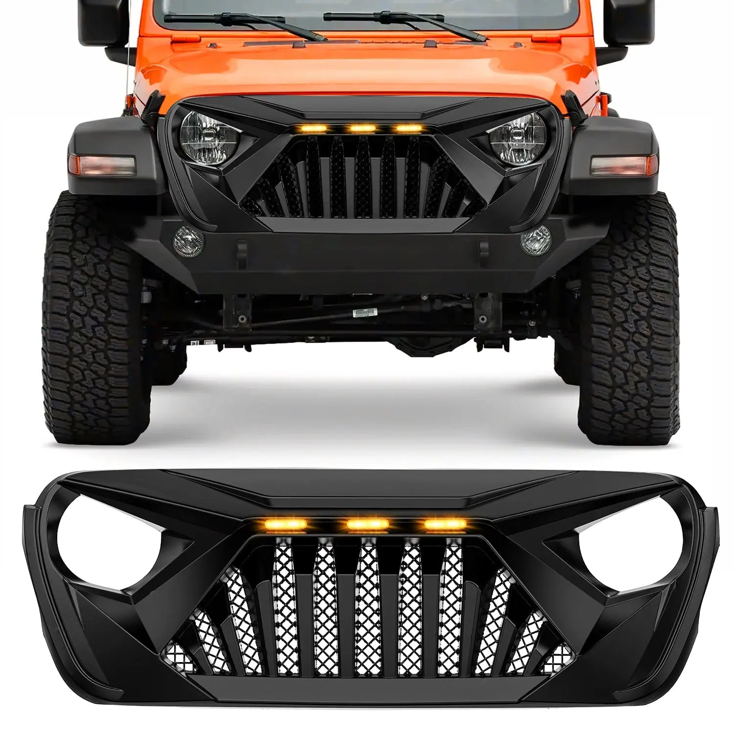 Nilight Matte Black Front Bumper Grill Cover with LED Amber Lights - Automotive ABS Airflow Mesh Car Accessory for 2018-2025 Wrangler JL, Gladiator JL-JT Series Off-Road Vehicles