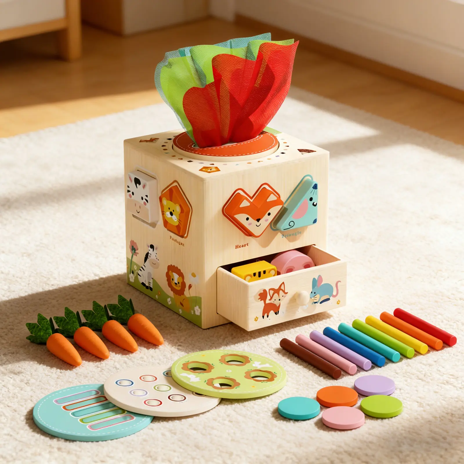 Multi-Functional Sensory Busy Box, Wooden Montessori Activity Cube for Toddlers 1-3, Fine Motor Skills Learning Toy, Shape Sorting Tissue Box Toy, Gift for 1-3 Years Old Boys Girls