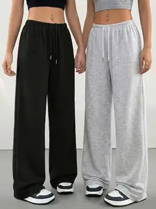 2-pack women’s casual wide-leg pants, elastic waistband—loose mid-stretch fabric, machine washable; suitable for spring/summer/autumn; casual wear, joggers, home wear; medium-stretch long pants