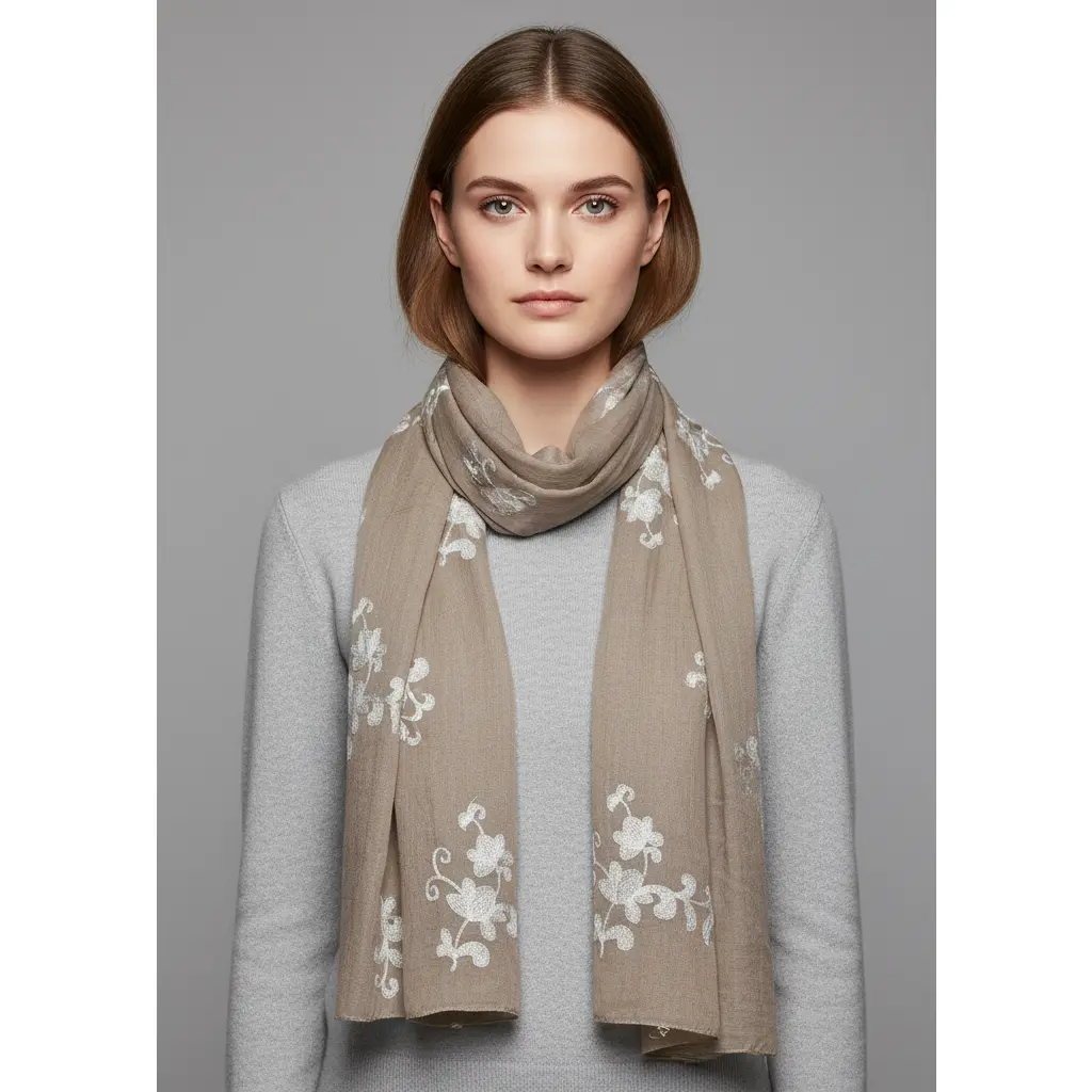 Intricate Floral Pansy Embroidered Light Weight Summer Shawl Scarf Wrap Taupe