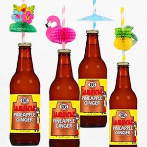 D&G Jamaican "Sof Drink" Genuine Glass Bottles 4 Count with 4 Tropical Paper Straws Pineapple Ginger Beer, 12 fl oz
