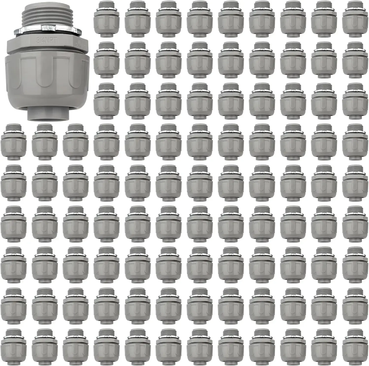 Conduit Connectors, 3/4 Inch Liquid Tight Connector NPT Non-Metallic for PVC Electrical Flexible Conduit Fittings, 180  Straight, UL Listed for  Outdoor Tubes Tools, Grey (100-Pack)