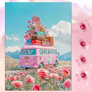 5D DIY Full Drill Round Diamond Painting - Diamond Art Kit, Pink RV Mosaic, Canvas - DIY Decorative Painting, Home Wall Decor, Suitable for Halloween and Christmas, Birthday and Anniversary Gifts, Diamond Painting Kits