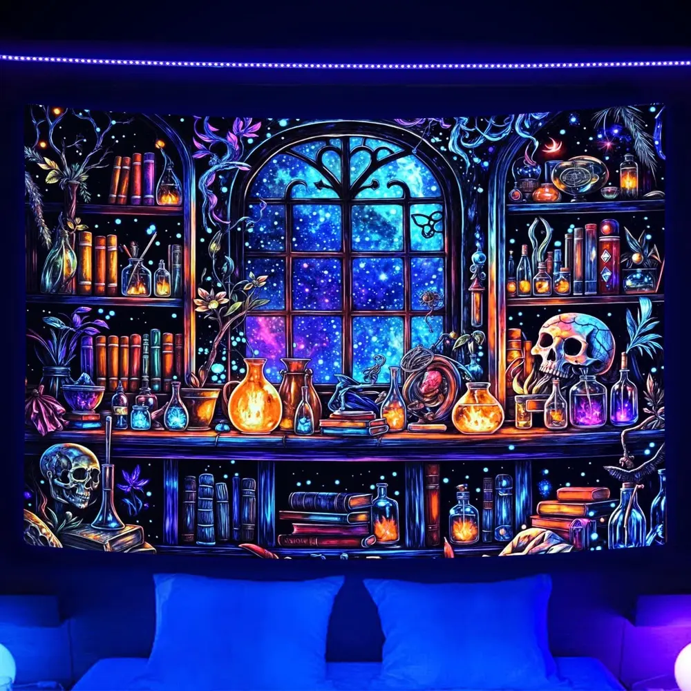 Cool Witchy Bookshelf Blacklight Tapestry UV Reactive, Magic Library Books Skull Galaxy Black Light Art Aesthetic Tapestry Poster for Men Room Bedroom, Glow in The Dark Tapestry Party Decor