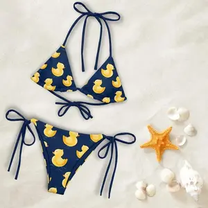 Matching Rubber Duck Couple Swimwear Set, Bikini Set Women Triangle Halter Tie Side Swimsuit Cute Yellow Duck Beach Swimwear Summer Pool Party Vacation Bathing Suit Funny Novelty 2 Piece