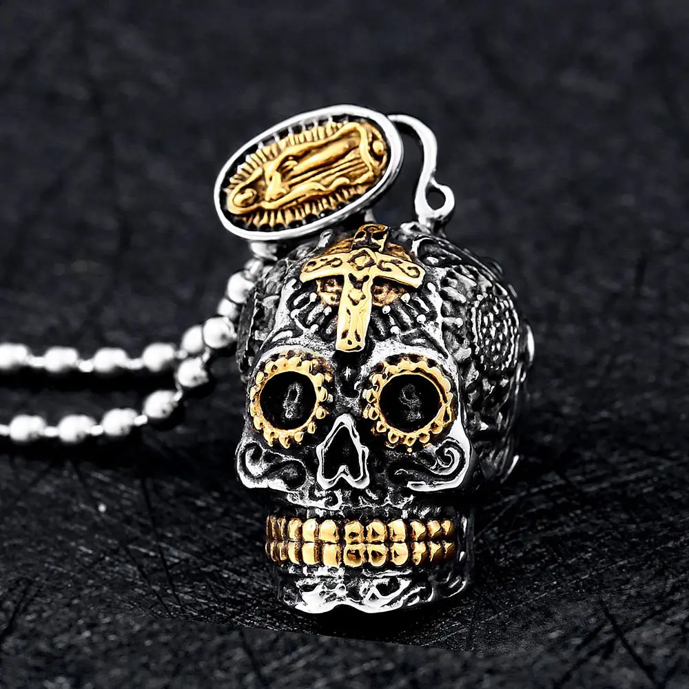 GTHIC Stainless Steel Sugar Skull & Vintage Cross Chain Necklace, Non-Tarnish Costume Jewelry, Men's Accessories Necklaces Gift, Costume Jewelry Necklace