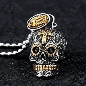 GTHIC Stainless Steel Sugar Skull Pendant Vintage Cross Necklace Statement Jewelry for Men Non Tarnish Jewelry Gift