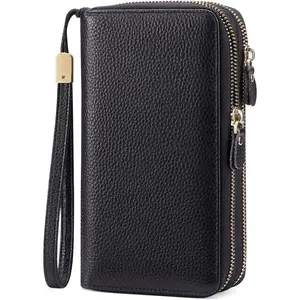 Leather Women Wallet RFID Blocking Zipper Around Phone Holder Clutch Wristlet Large Capacity