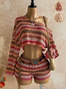 Holiday 2pcs Women's Striped Asymmetrical Shoulder Long Sleeve Top And Shorts Set，Women's Vacation Colorful Striped Set, Casual Summer, Stylish Two-Piece Ensemble, Perfect for Travel and Daily Wear
