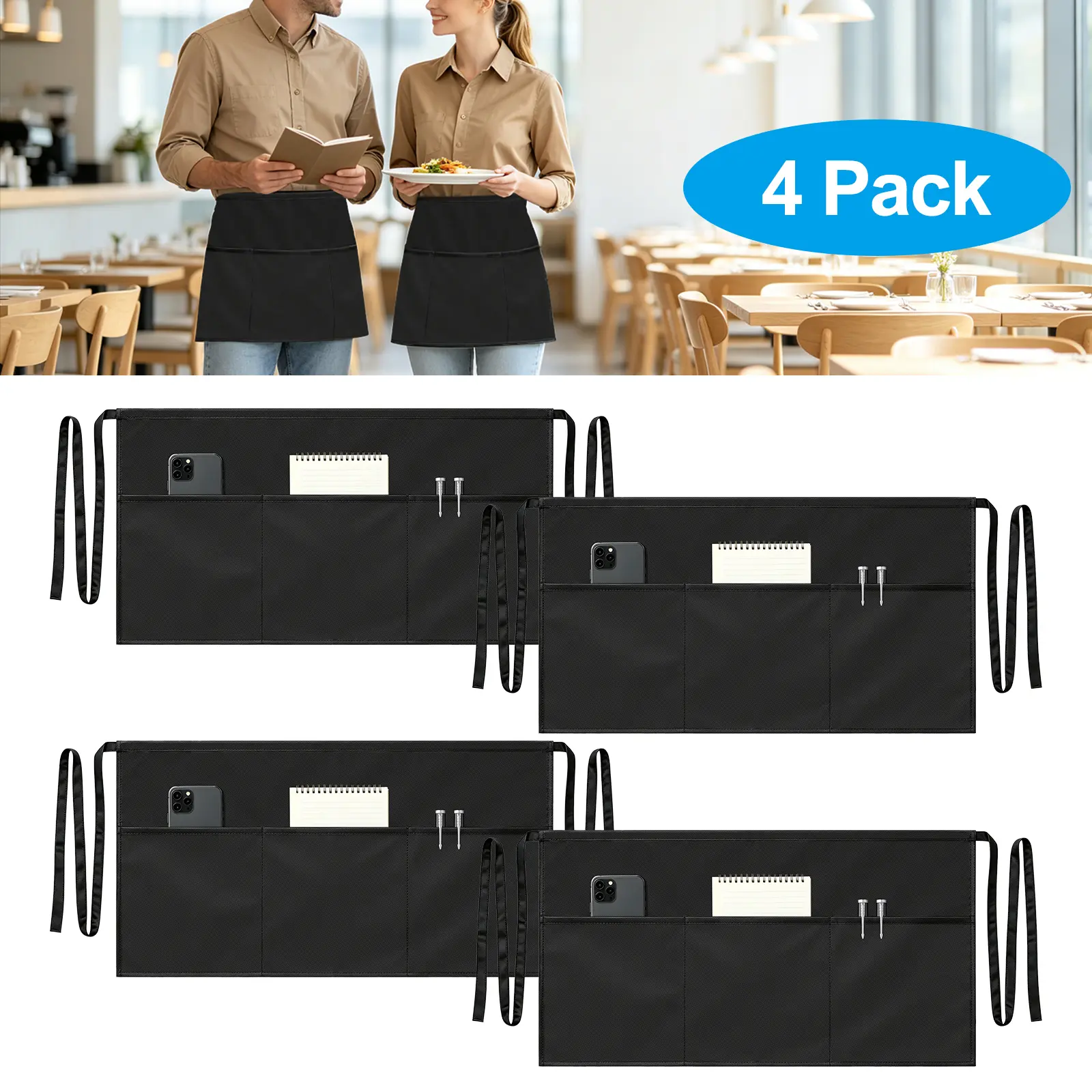 4Pcs Multifunctional Pocket Aprons Set with 3 Pockets - Adjustable Waist Apron,Black Waitress Waiter Server Short Aprons,Home Supplies Household Workwear Kit