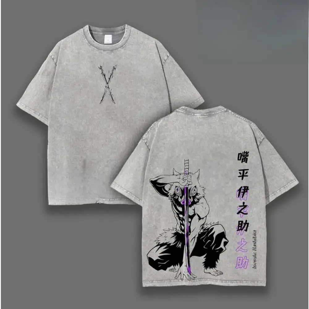 Retro Vintage Inosuke Hashibira - Demon Slayer Anime Double Printed Vintage Washed Tee Unisex Oversize Anime Manga Washed Heavyweight Cotton T-shirt, Gift For Anime Fan, Anime Lover Unisex 100% Cotton T-shirt