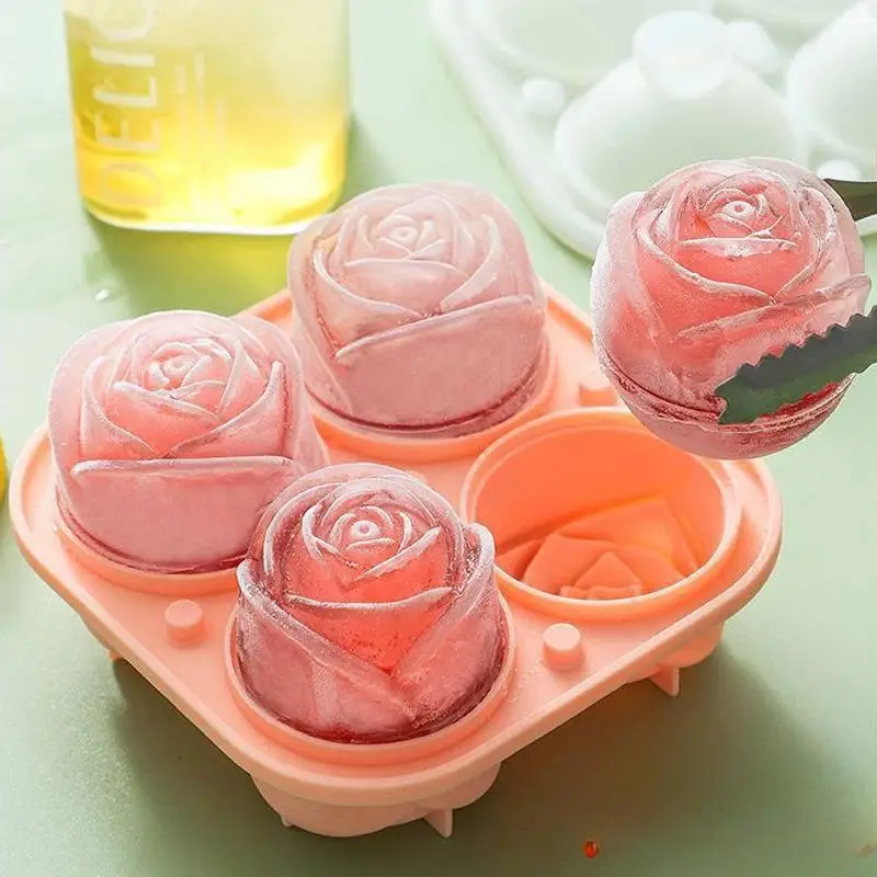 Rose Shaped Ice Cube Mold, 1 Count Exquisite Creative 4-grid Flower Silicone Ice Cube Mold with Lid, Whiskey Ice Cube Tray for Home Kitchen Picnic Ba