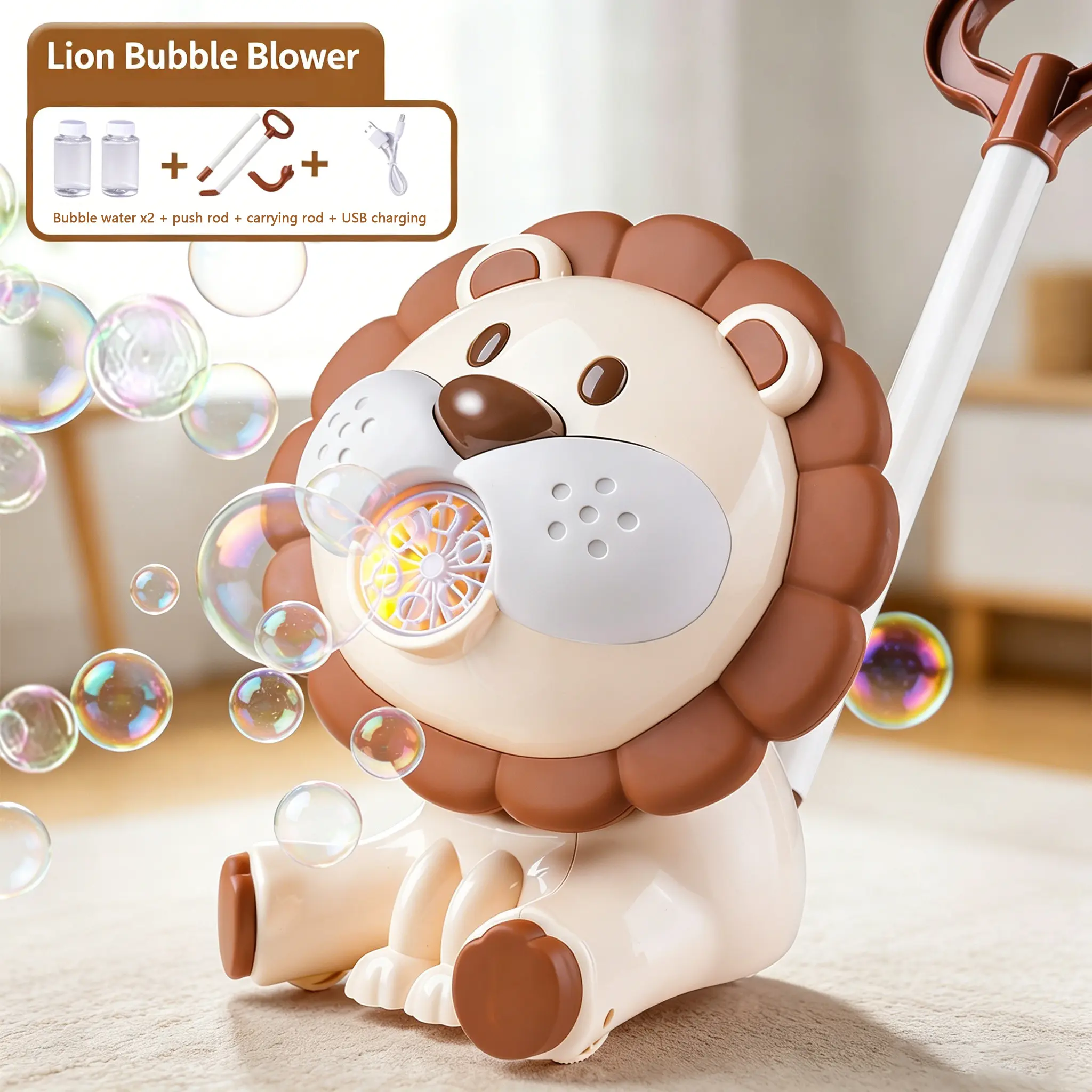 Lion Bubble Machine for Kids 3–8, Rechargeable Push Toy and Handheld Bubble Gun with Multi-Hole Blower and Moving Head, Outdoor Summer Party Gift