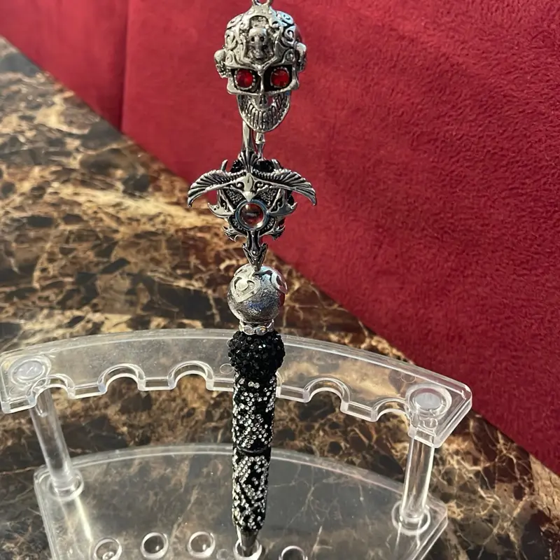 Custom Rhinestone Beaded Pen with Silver Skull and Sword