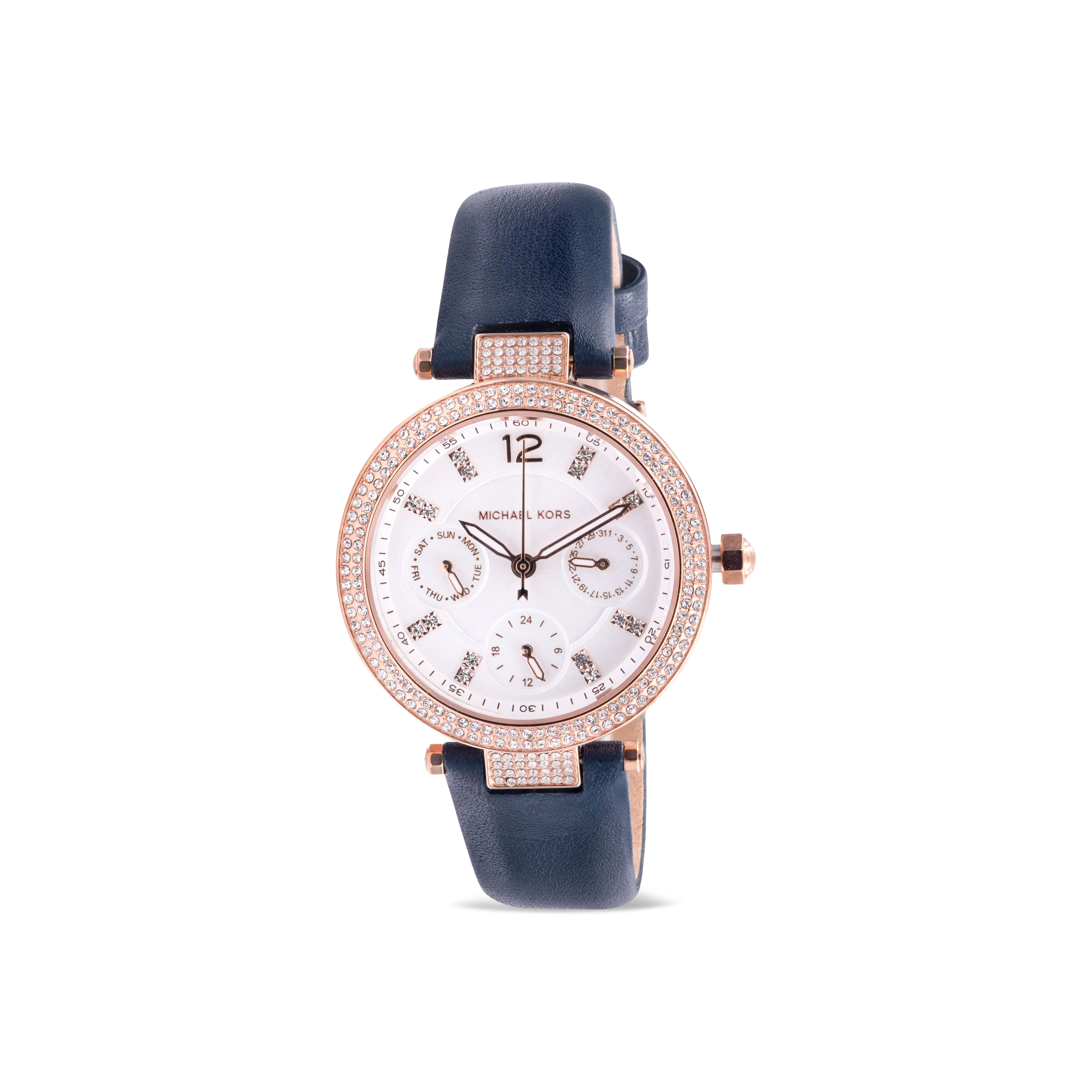 Michael Kors Parker Women's Fashion Watch, Navy Leather Strap, Round 33mm Case, Multifunction Quartz Day-Date, 50m Water Resistant MK2915, 30M - 50M