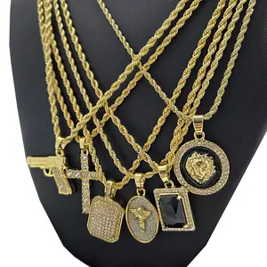 MaxBling81 Unisex 6-Piece Hip Hop Costume Jewelry Gift Set - Iced Cubic Zirconia Mini Gold-Plated Rapper Pendant, 24in Rope Chain, Daily Wear Necklace