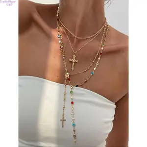 4-Piece Vintage Metal Jesus Cross Necklace Set, Bohemian Boho Chic Colorful Crystal Pendant Jewelry, Y-Style Long Religious Necklace, Perfect Gift for Women
