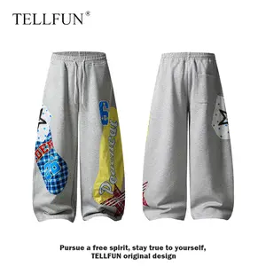 TELLFUN Women's Low-Waist Y2k Grunge Barrel Sweatpants - Baggy Fit, Loose-Fitting Wide-Leg, Graphic Print Activewear with Adjustable Drawstring for Teens