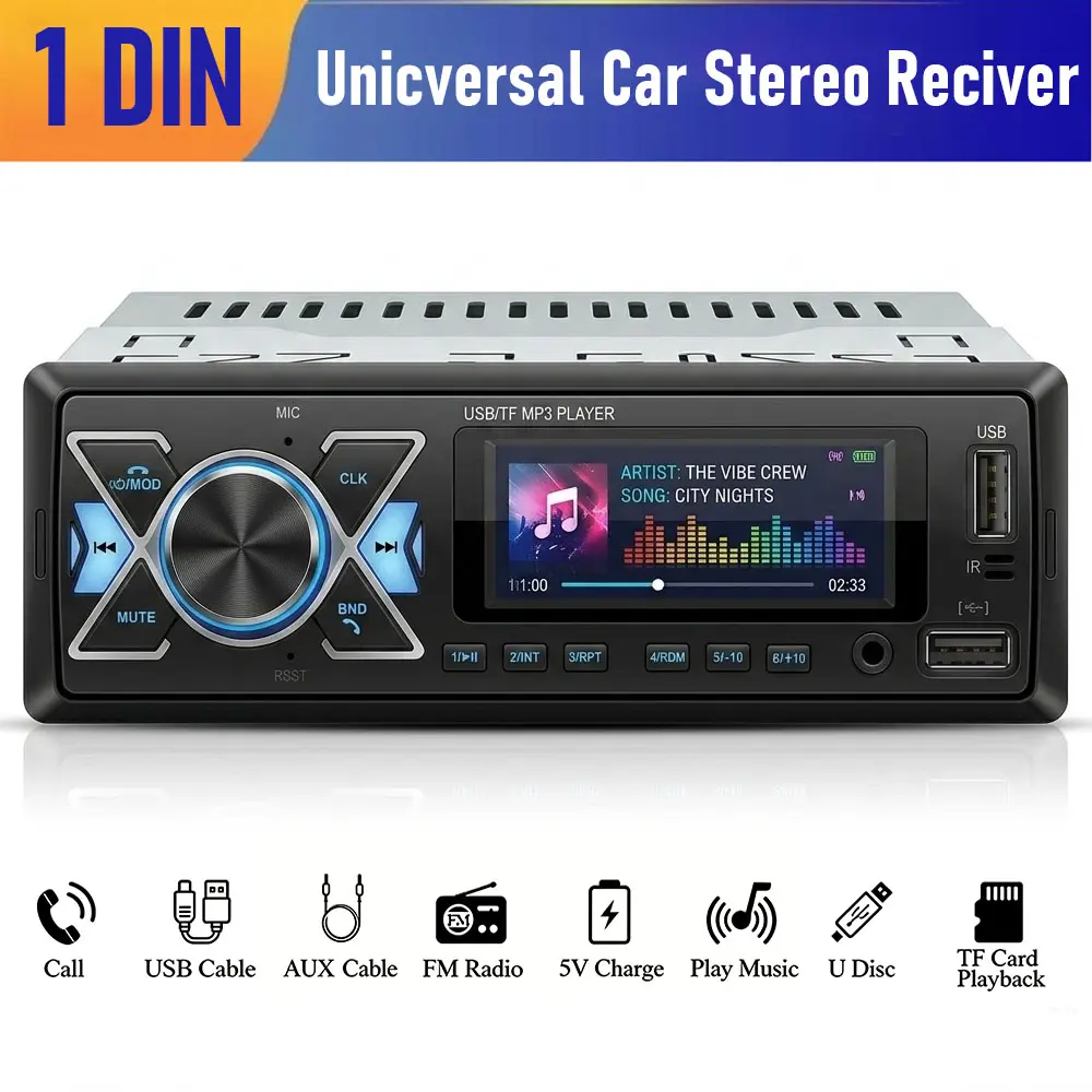 Single DIN Bluetooth Car Stereo – Handsfree Calling, Dual USB Phone Charging, FM/MP3/AUX/TF Card Playback, 7-Color LED & Digital Time Display