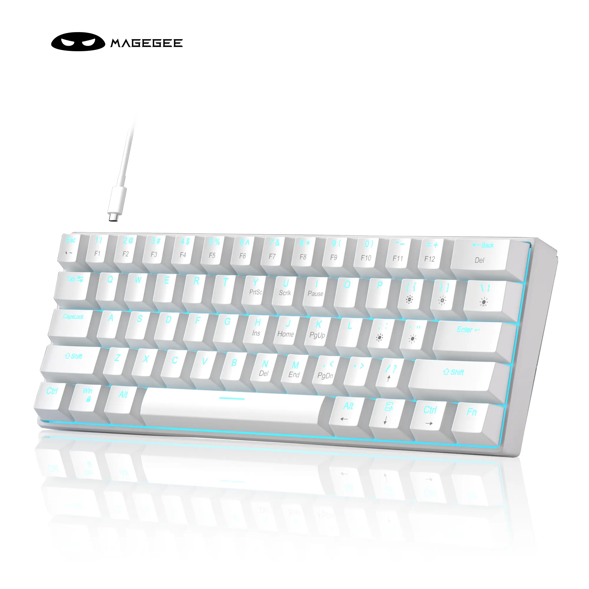 MageGee 60 Percent 61-Key Ergonomic Mechanical Gaming Keyboard with Blue Switches - LED Lighted Keyboard, Anti-Ghosting, Double-Shot Keycaps, Detachable USB-C, Stable Wired, for Windows XP, Gaming Setup Accessories, Mechanical Game Keyboard