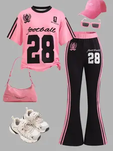 Women's Two-Piece Set Digital Pattern Round Neck English Print Short Sleeve Top and Loose Casual Bell Bottom Pants