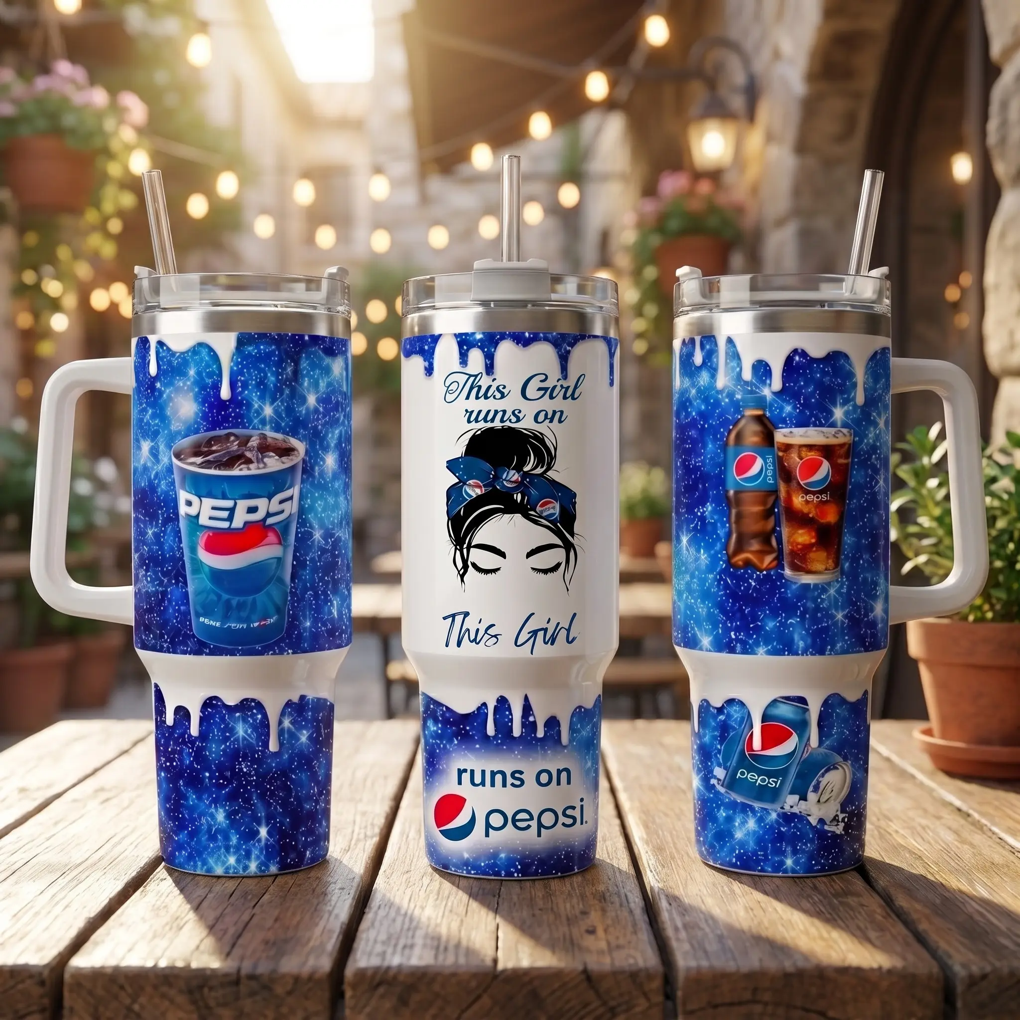 Pepsi Blue Glitter Drip Tumbler 40oz with Handle, Messy Bun Girl Silhouette Travel Mug with Straw, Sparkling Galaxy Stainless Steel Cup, Cute Blue Soda Lover Insulated Car Cup, Funny Aesthetic Birthday Gift for Women, Girls