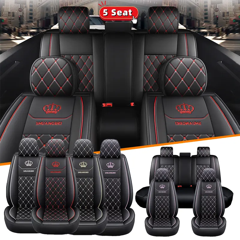 pad belt Five-Seat Full Wrap-Around Cushion Cover - Waterproof and Wear-Resistant PU Leather - Anti-Stain and Easy to Clean - Crown Embroidery - Full Car Interior Seat Cover