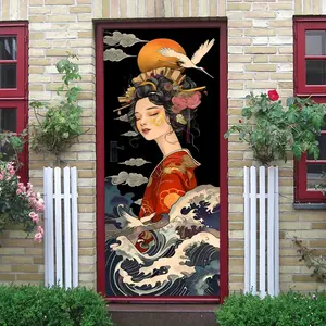 2 Japanese Ukiyo e Geisha Wall Stickers Traditional Crane Wave Design Decorative Decals for Living Room Bedroom Self Adhesive Removable PVC Art Decor Home Decoration Stickers