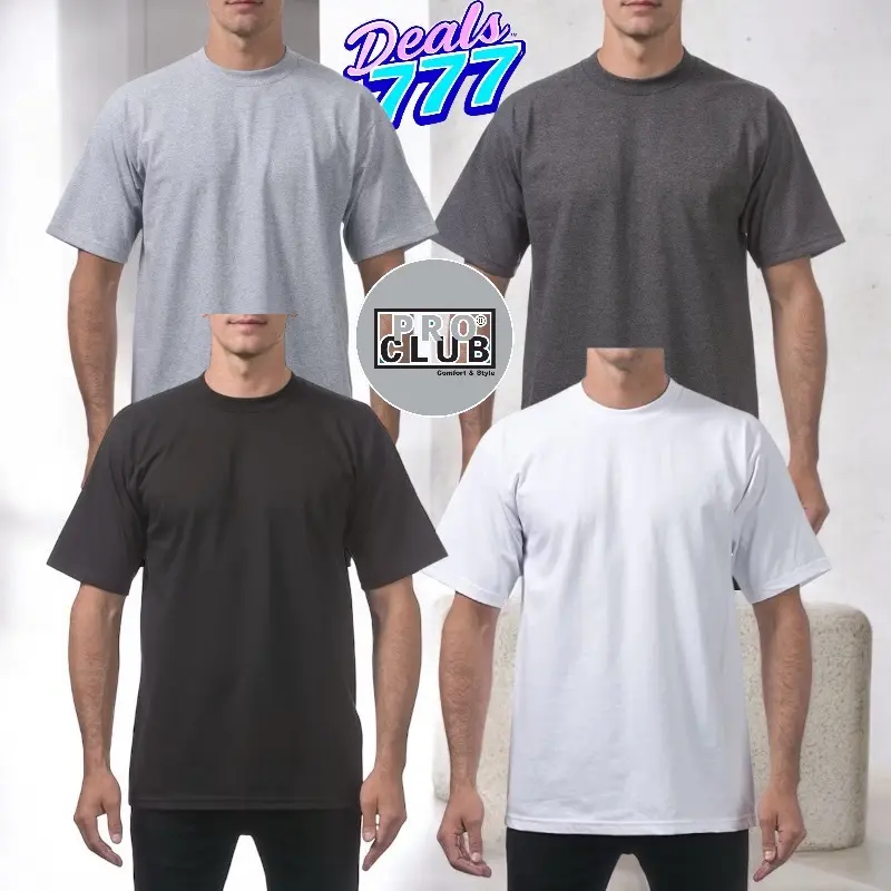 Pro Club 4-Pack Heavyweight Men's Ribbed Fabric T-Shirts - Unisex Oversized Round Neck Short-Sleeve, Grey Charcoal Black & White, Comfortable Polyester Cotton Blend (Pro Clubs Minimalist Grey Men's Short-Sleeve T-Shirts), Oversized Crew Neck Men's Short-S