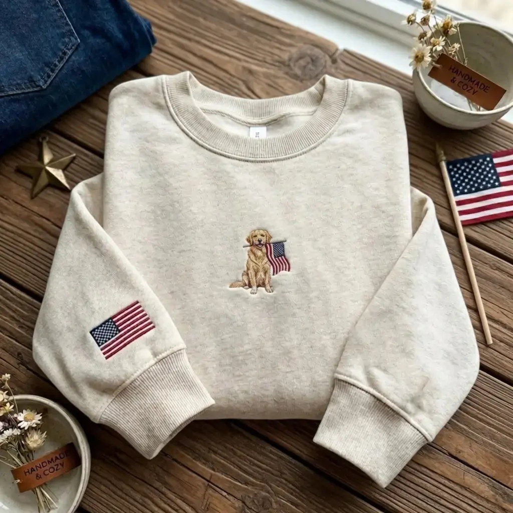[Made in US] Golden Retriever Embroidered Sweatshirt T-shirt Hoodie, Dog Mom Shirt , USA Flag Dog Lover Crewneck