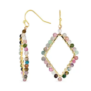 Wire Wrap Multi Color Natural Stone Diamond Shape Dangle Earrings Gold Plated