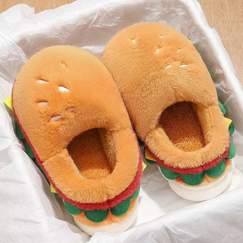 Adorable Cartoon Burger Plush Indoor Slippers - Cozy Comfort for Women with Fun Food Design