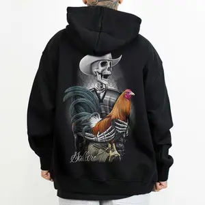 Women's David Gonzales Gallero Rooster Skeleton Rancher Dga Art Graphic Hoodie - Comfortable Cotton Pullover, Polyester Longsleeves, Oversized Loose-Fit Unisex Chicano Front & Back Top