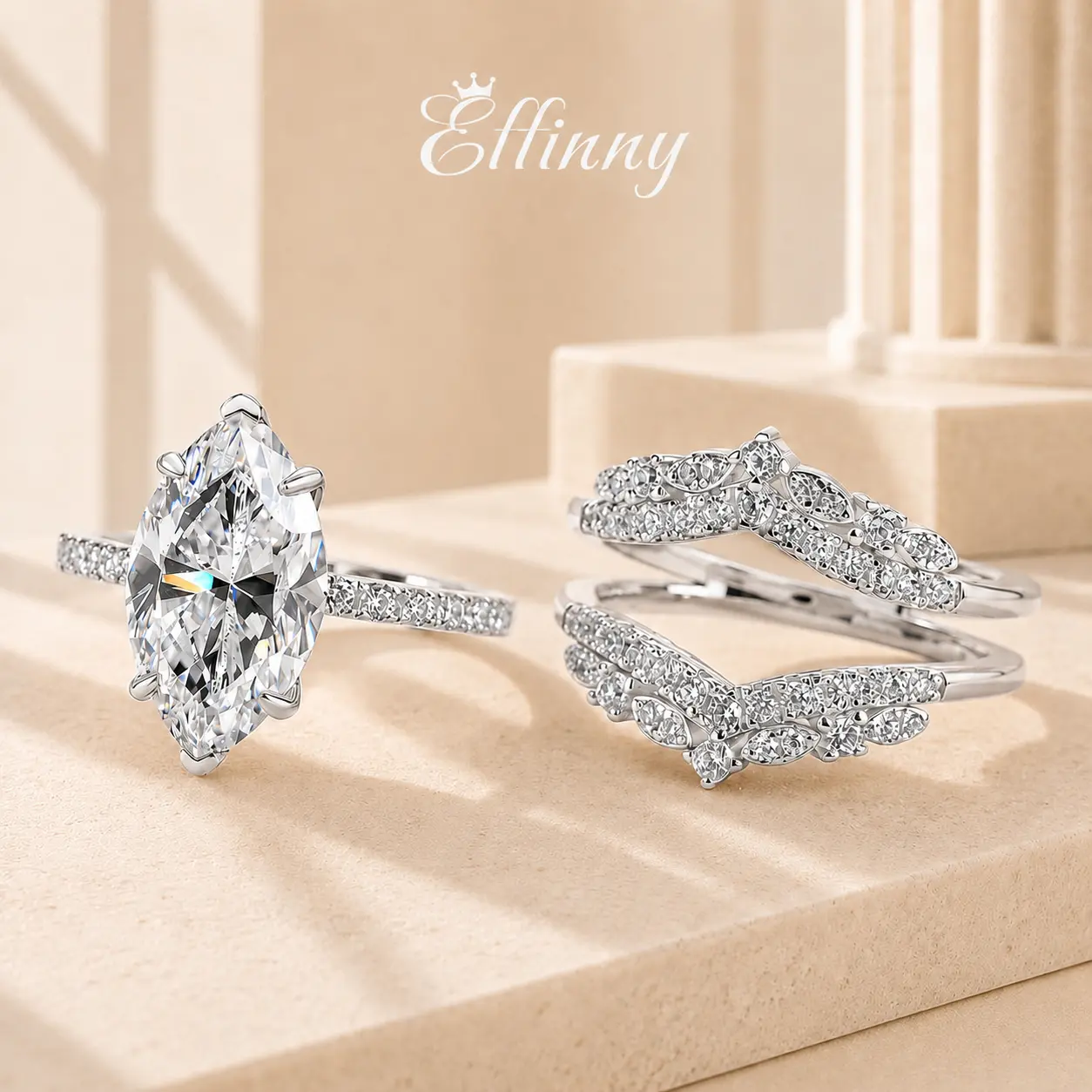 Effinny Women's 2.5ct Marquise Cut 5A Grade Cubic Zirconia Insert Engagement Ring Set, Bridal Wedding Ring Set, Engagement Rings